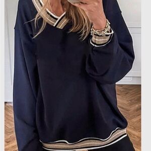 Navy Blue Sweater with Striped Trim